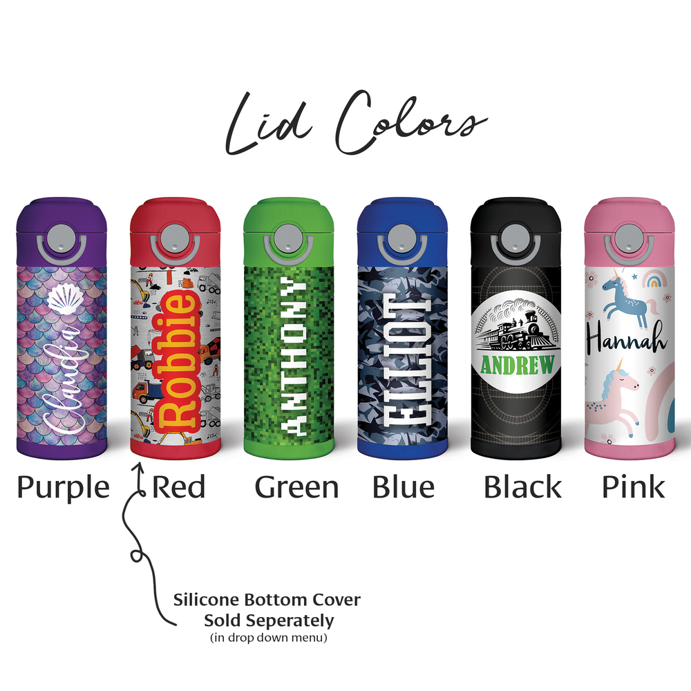 
                  
                    Six water bottle lid colors are available: purple, red, green, blue, black, and pink. Matching Silicone bottom covers are sold separately in the drop down menu.
                  
                