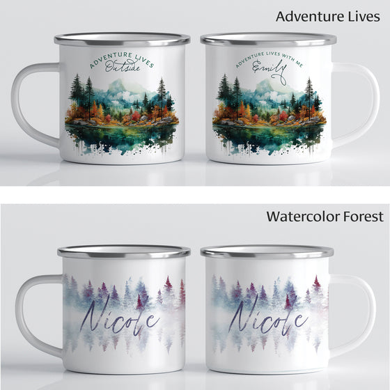 Two different camp mug designs: "Adventure Lives" has a mountain and lake scene, "Adventure Lives Outside" and "Adventure Lives with me YOUR NAME" on the other side.  The second design is "Watercolor Forest" with purple and blue trees with YOUR NAME.