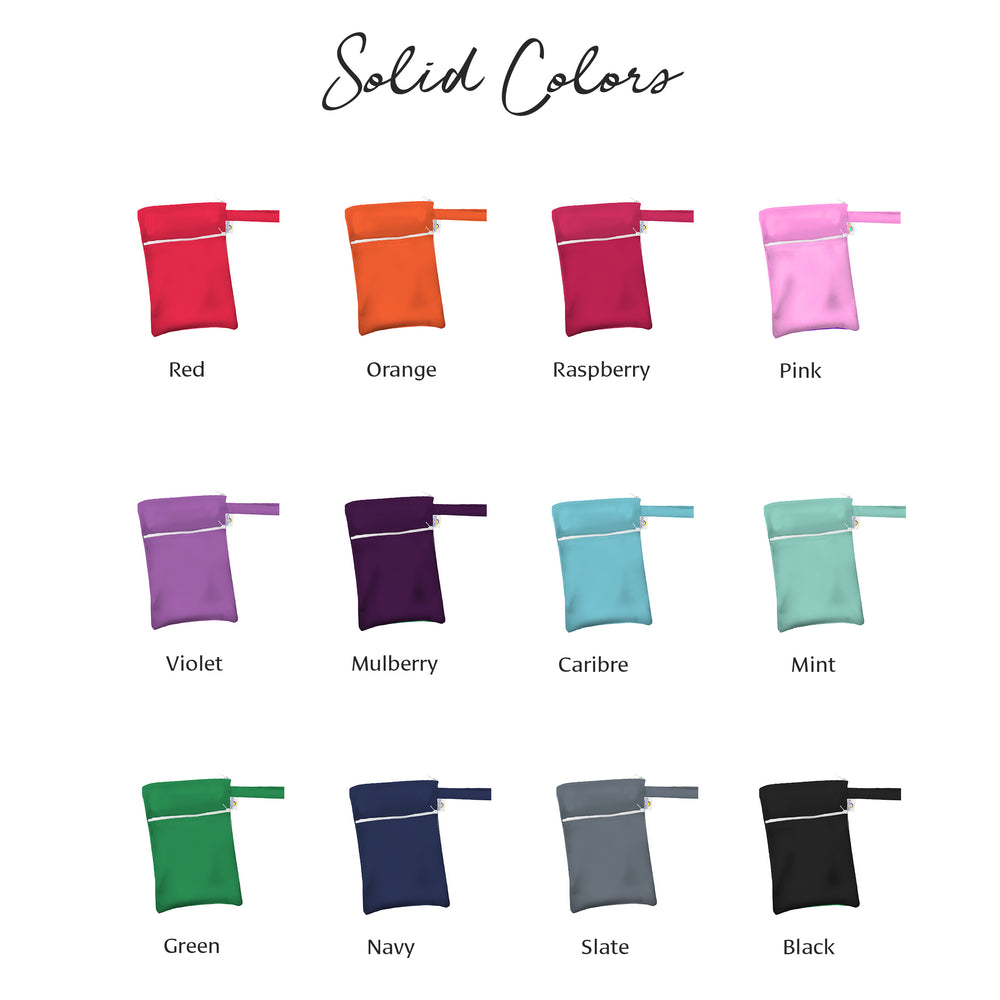 
                  
                    A color chart displaying 12 solid-colored wet/dry bags labeled with their names. The top row features Red, Orange, Raspberry, and Pink. The second row has Violet, Mulberry, Caribre (light blue), and Mint. The bottom row includes Green, Navy, Slate (gray), and Black. Each bag has a zippered closure and a matching strap. The title "Solid Colors" is written in cursive at the top.
                  
                