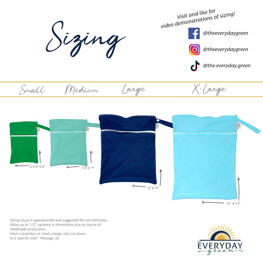 
                  
                    A size chart for wet/dry bags from Everyday Green, displaying four sizes: Small (5.5" x 8.5"), Medium (7.5" x 7"), Large (11" x 13"), and X-Large (13" x 17"). Each size is shown in different colors with labeled dimensions. Social media handles for Instagram, Facebook, and TikTok are listed for video demonstrations. A note at the bottom mentions slight size variations due to handmade production and invites customers to message for custom sizes.
                  
                