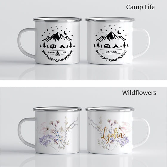 Two different camp mug designs: "Camp Life" is a black and white design of mountains, a camper & tent that says "Eat sleep camp repeat" and features your name.  "Wildflowers" is a bouquet of pink and purple wildflowers with your name in gold script.