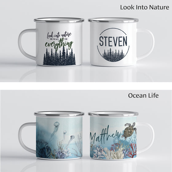 Two different camp mug designs: "Look Into Nature and your will find everything" has a silhouette of pine trees, and your name personalized on the opposite side in all caps.  "Ocean Life" is a full color ocean scene and your name in green script.