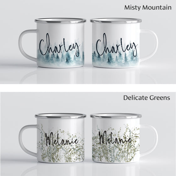 Two different camp mug designs: "Misty Mountain" featuring your name in dark green script over watercolor green background; "Delicate Greens" featuring your name in dark green script over delicate branches of greenery.