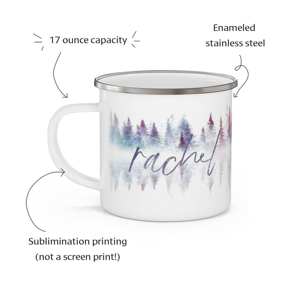 The Everyday Green camp mug has a 17 oz capacity, uses sublimation printing and not screen printing, and made out of enameled stainless steel.