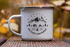 17 oz Personalized Christmas Enameled Camp Mug with a black and white design, mountain, stars, and says "Eat sleep camp repeat" on the bottom.