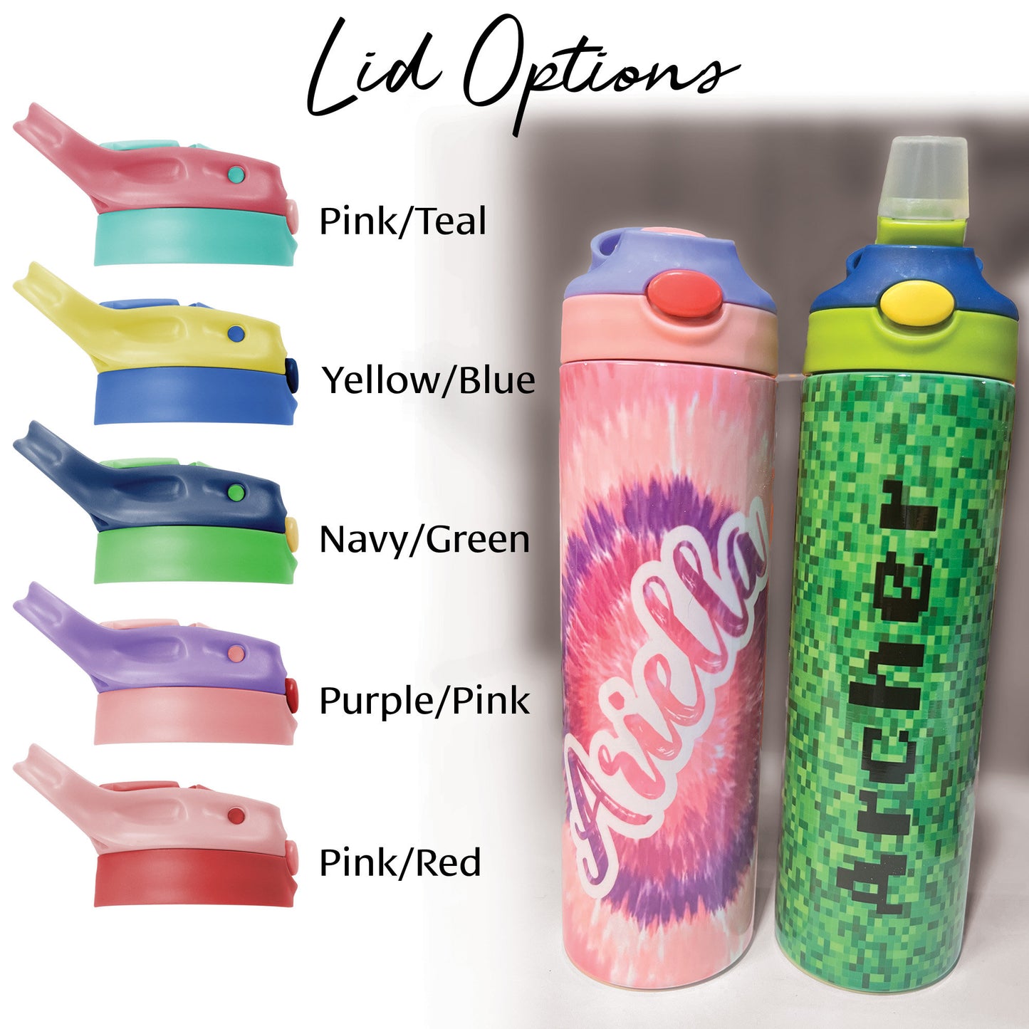 Alt text: A promotional image showcasing lid options for 20 oz water bottles. The image displays four different lid color combinations: Pink/Teal, Yellow/Blue, Navy/Green, and Purple/Pink. Each lid has a spout and a button for opening. The text at the bottom clarifies  that the lids are compatible with 20 oz water bottles but do not include the base.







